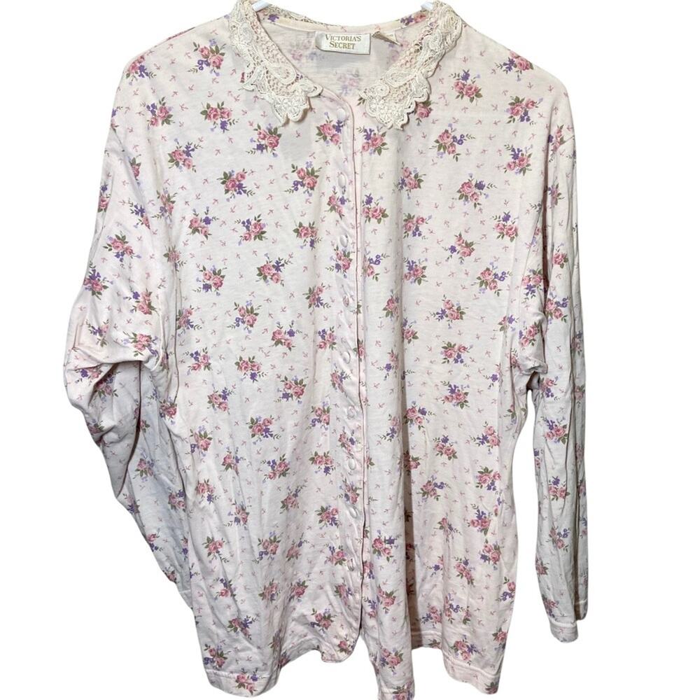 Vintage Victoria’s Secret Gold Label Sleep Shirt 90s Lace Floral Pink Large